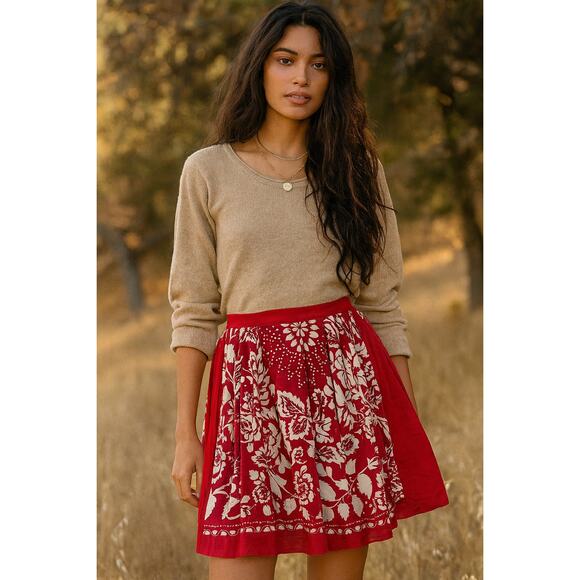 Anna Sui Red & White Floral Boho Wrap Skirt Vintage Peasant Cotton Size 8 - Picture 1 of 8